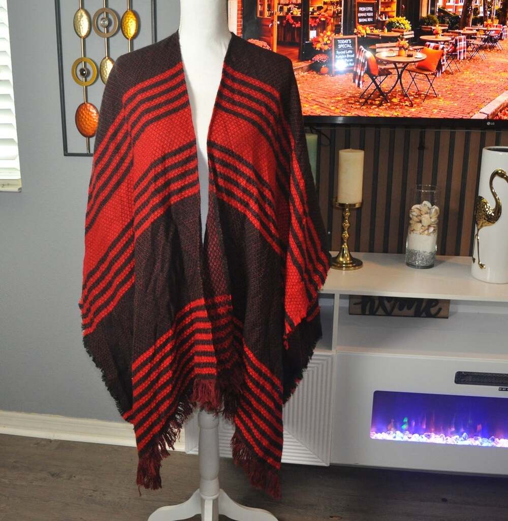 Merona Red Black Striped Fringe Poncho Wrap One Size NWT Boho Cape